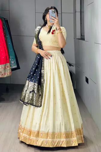 Navy-blue Color Zari Weaving Work Paithani Silk Lehenga Choli With Unstitched Blouse
