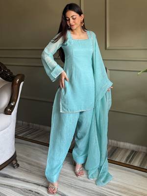 Stunning Sky Blue Lace Work Silk Wedding Wear Salwar Suit 7