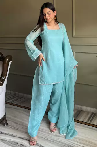 Stunning Sky Blue Lace Work Silk Wedding Wear Salwar Suit