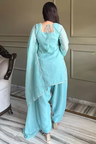 Stunning Sky Blue Lace Work Silk Wedding Wear Salwar Suit