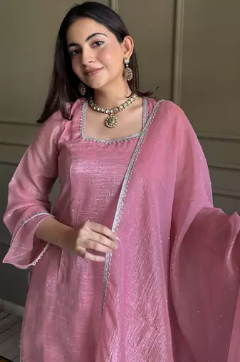 Delightful Pink Lace Border Silk Designer Salwar Suit