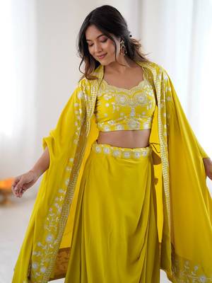 Stylish Yellow Sequins Crepe Indo-Western Drape Lehenga Set With Shrug 6