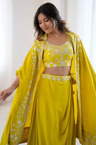 Stylish Yellow Sequins Crepe Indo-Western Drape Lehenga Set With Shrug