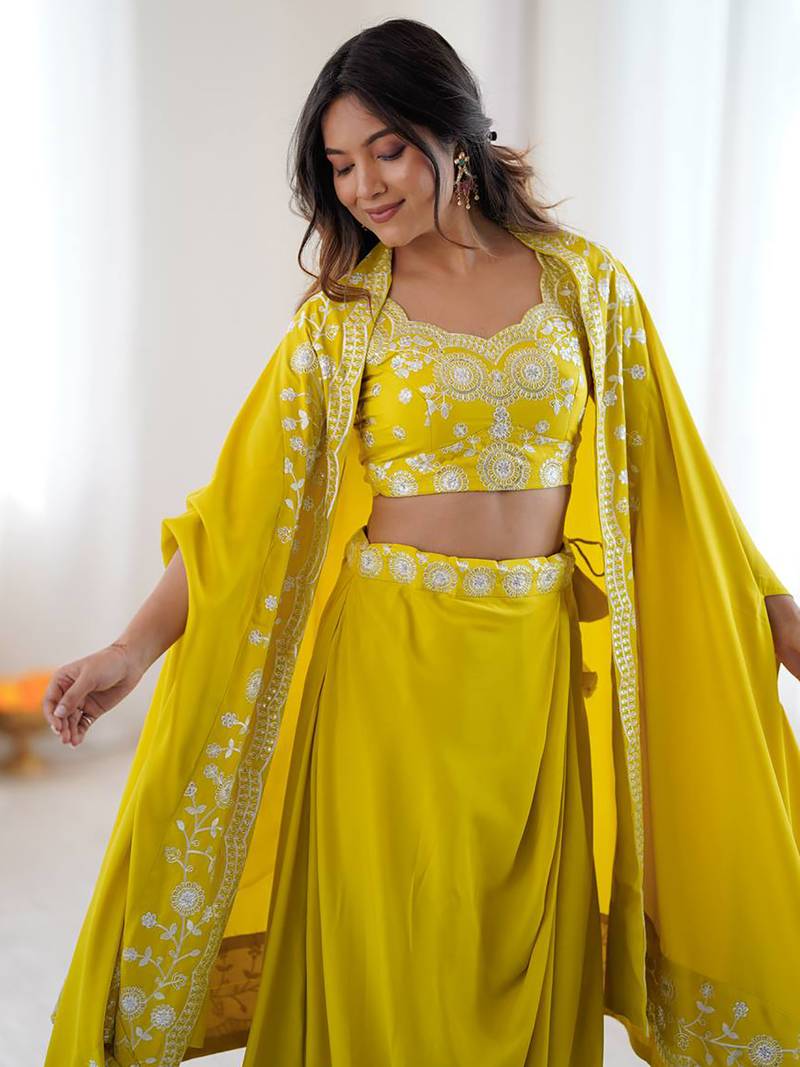 Stylish Yellow Sequins Crepe Indo-Western Drape Lehenga Set With Shrug