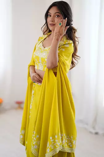 Stylish Yellow Sequins Crepe Indo-Western Drape Lehenga Set With Shrug