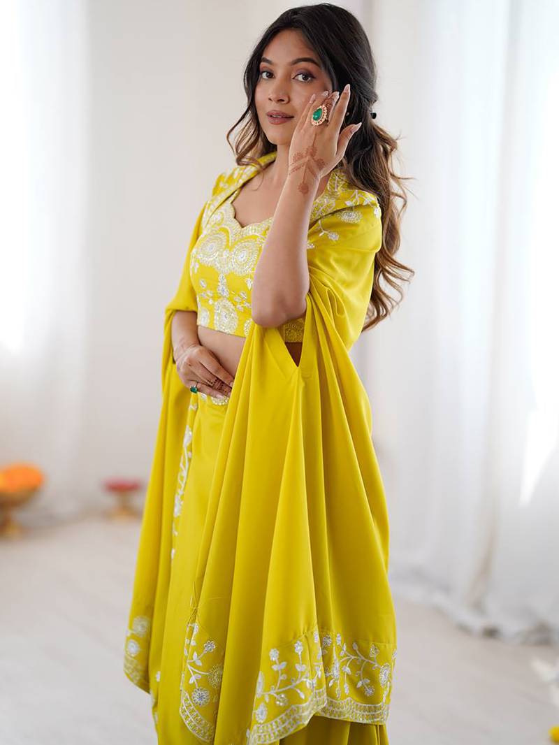 Stylish Yellow Sequins Crepe Indo-Western Drape Lehenga Set With Shrug
