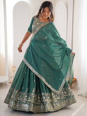 Terrific Sea Green Sequins Silk Mehendi Wear Lehenga Choli With Dupatta 7