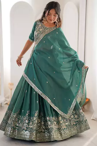 Terrific Sea Green Sequins Silk Mehendi Wear Lehenga Choli With Dupatta