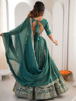 Terrific Sea Green Sequins Silk Mehendi Wear Lehenga Choli With Dupatta 8