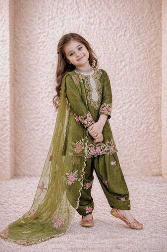 Designer party wear heavy natural crep kids patiala set