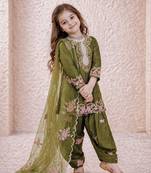 Designer party wear heavy natural crep kids patiala set