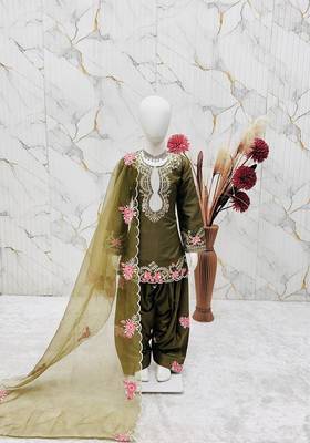 Designer party wear heavy natural crep kids patiala set 3