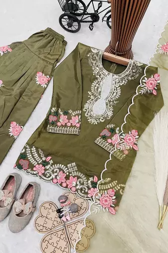 Designer party wear heavy natural crep kids patiala set