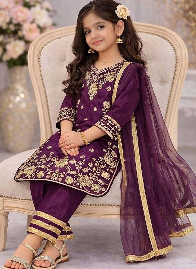 Premium chinon silk wedding kids kurta set