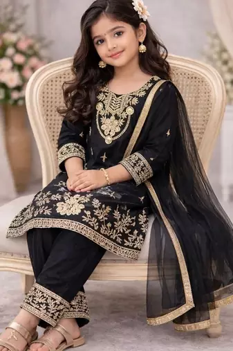 Black silk blend embroidered kids top salwar & dupatta