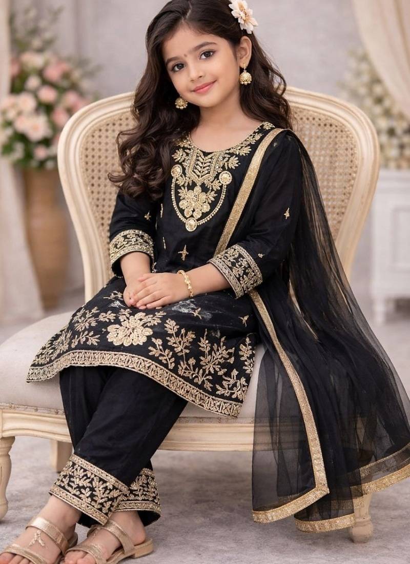 Black silk blend embroidered kids top salwar & dupatta