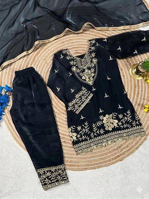 Black silk blend embroidered kids top salwar & dupatta 2