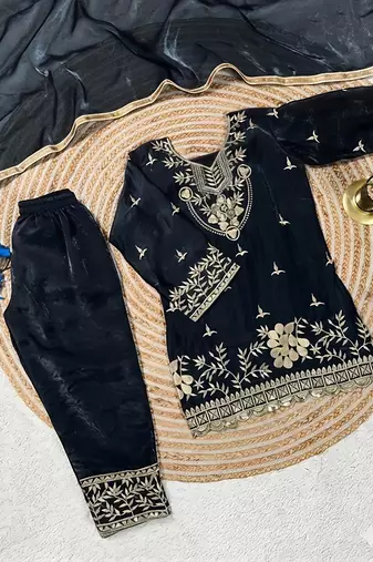 Black silk blend embroidered kids top salwar & dupatta