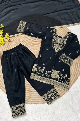Black silk blend embroidered kids top salwar & dupatta