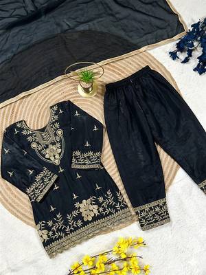Black silk blend embroidered kids top salwar & dupatta 4