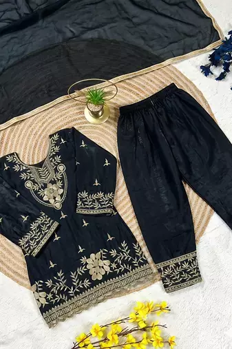 Black silk blend embroidered kids top salwar & dupatta