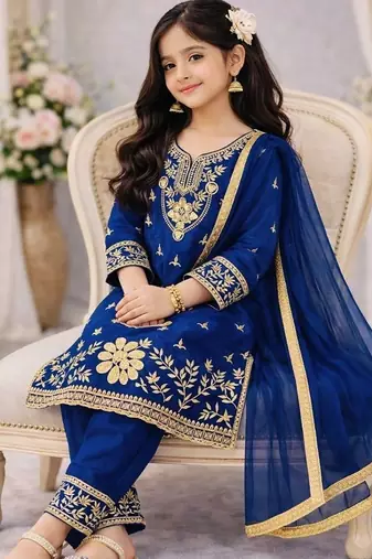 Blue silk blend embroidered kids top salwar & dupatta