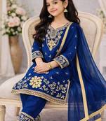 Blue silk blend embroidered kids top salwar & dupatta