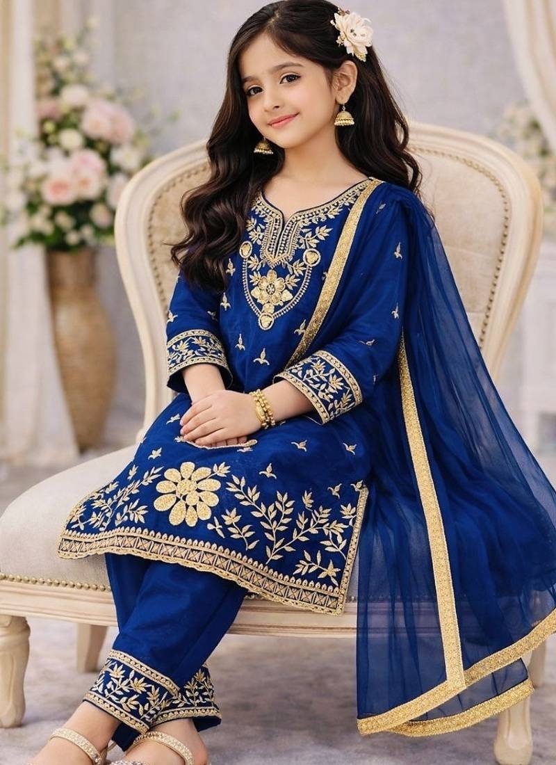 Blue silk blend embroidered kids top salwar & dupatta
