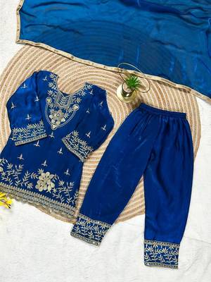 Blue silk blend embroidered kids top salwar & dupatta 2