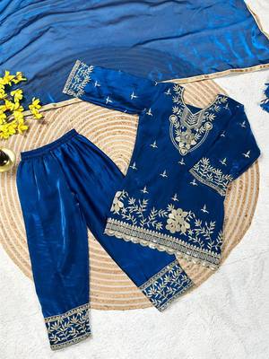 Blue silk blend embroidered kids top salwar & dupatta 3