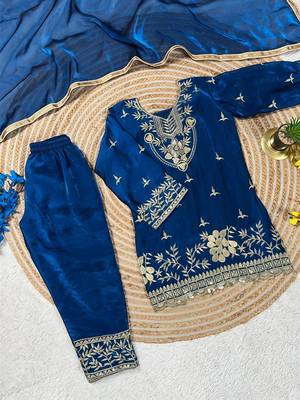 Blue silk blend embroidered kids top salwar & dupatta 4