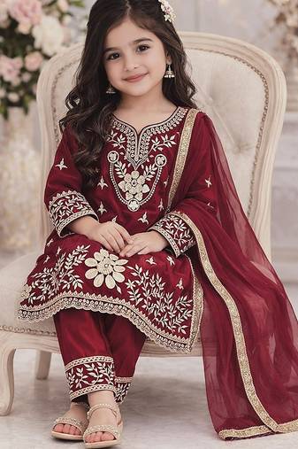 Maroon silk blend embroidered kids top salwar & dupatta
