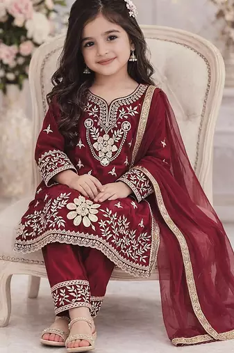 Maroon silk blend embroidered kids top salwar & dupatta