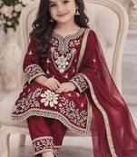 Maroon silk blend embroidered kids top salwar & dupatta