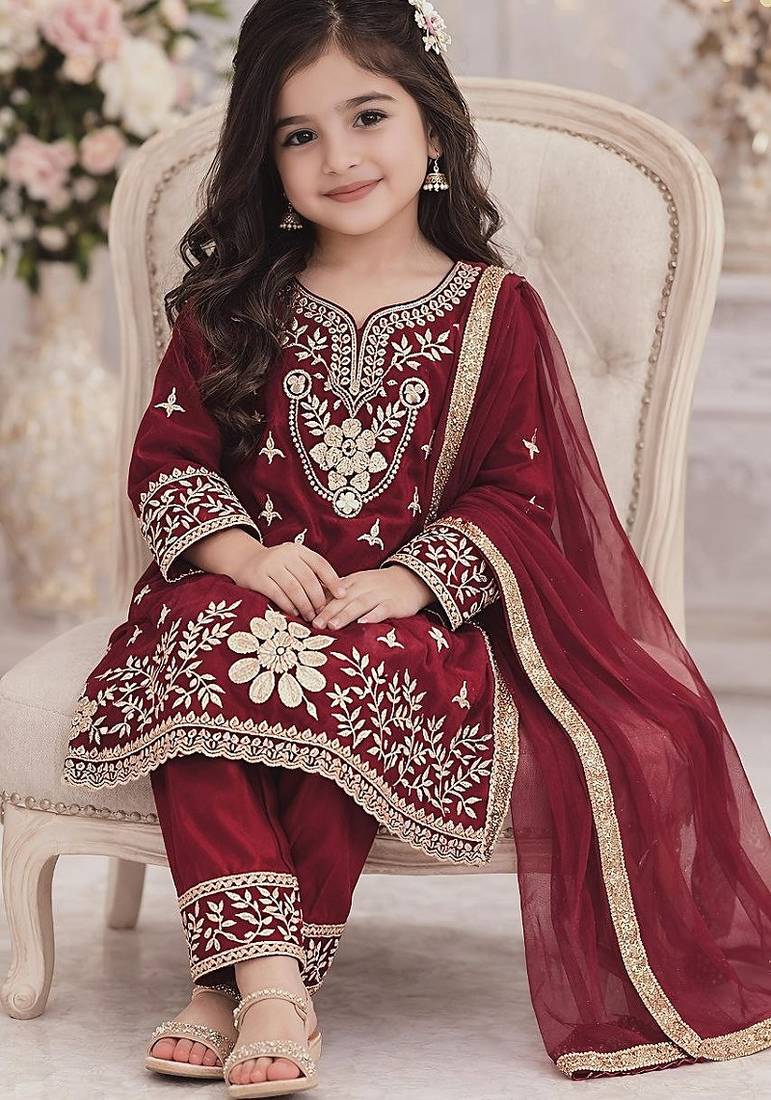 Maroon silk blend embroidered kids top salwar & dupatta