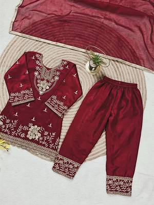 Maroon silk blend embroidered kids top salwar & dupatta 2