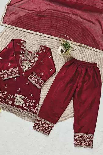 Maroon silk blend embroidered kids top salwar & dupatta