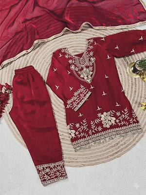Maroon silk blend embroidered kids top salwar & dupatta 3