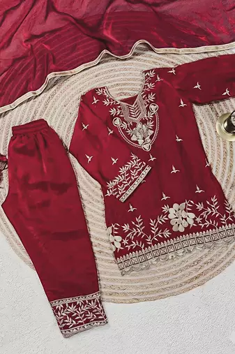 Maroon silk blend embroidered kids top salwar & dupatta