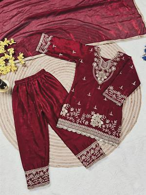 Maroon silk blend embroidered kids top salwar & dupatta 4