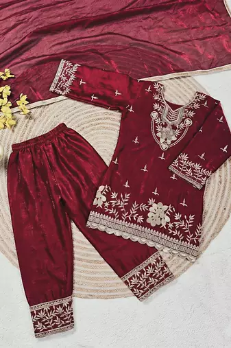 Maroon silk blend embroidered kids top salwar & dupatta