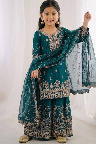 Designer wedding embroidered work kids plazzo set