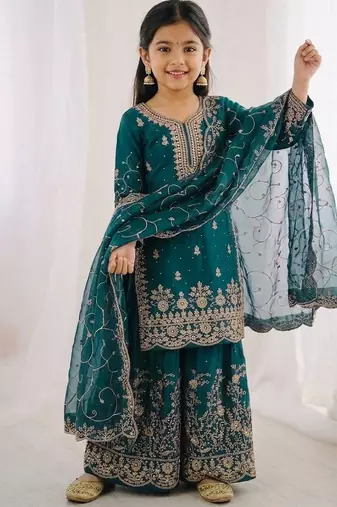 Designer wedding embroidered work kids plazzo set