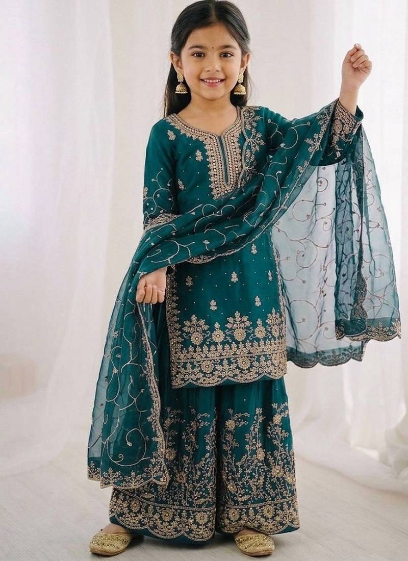 Designer wedding embroidered work kids plazzo set