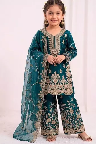 Designer wedding embroidered work kids plazzo set
