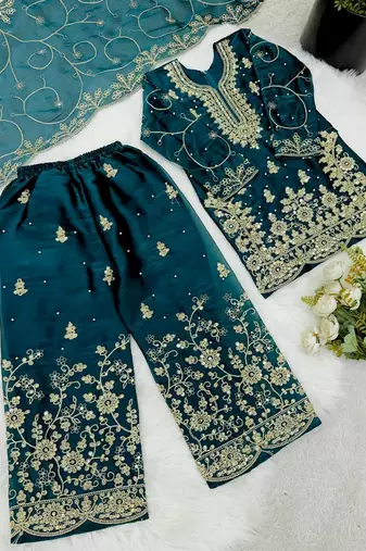 Designer wedding embroidered work kids plazzo set