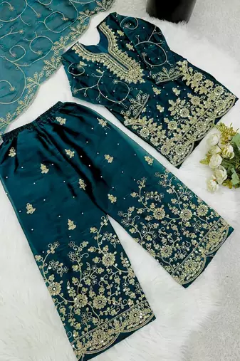 Designer wedding embroidered work kids plazzo set