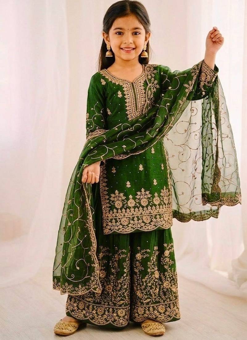 Designer wedding embroidered work kids plazzo set