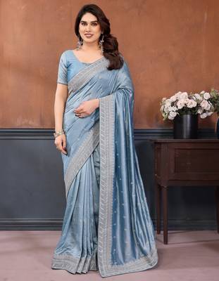 Sky blue vichitra silk saree sequence embroidered saree with matching blouse piece 1
