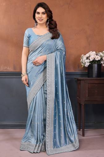 Sky blue vichitra silk saree sequence embroidered saree with matching blouse piece